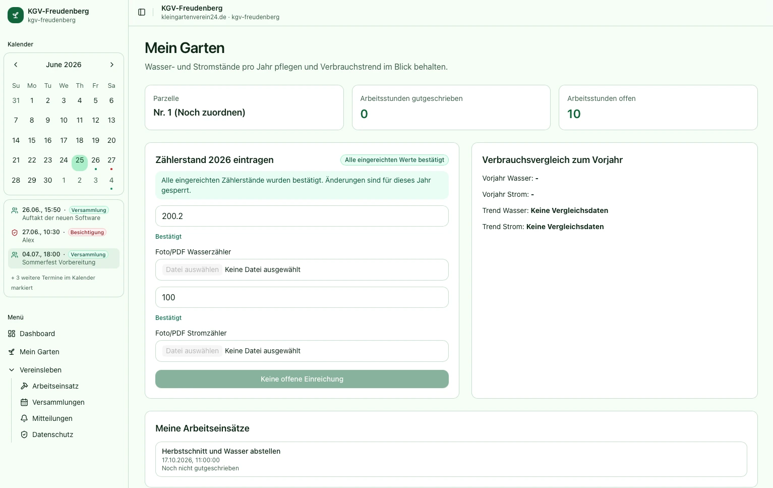 Screenshot des Mitgliederbereichs Mein Garten in Kleingartenverein24 mit Gartendaten, Terminen und Arbeitseinsätzen