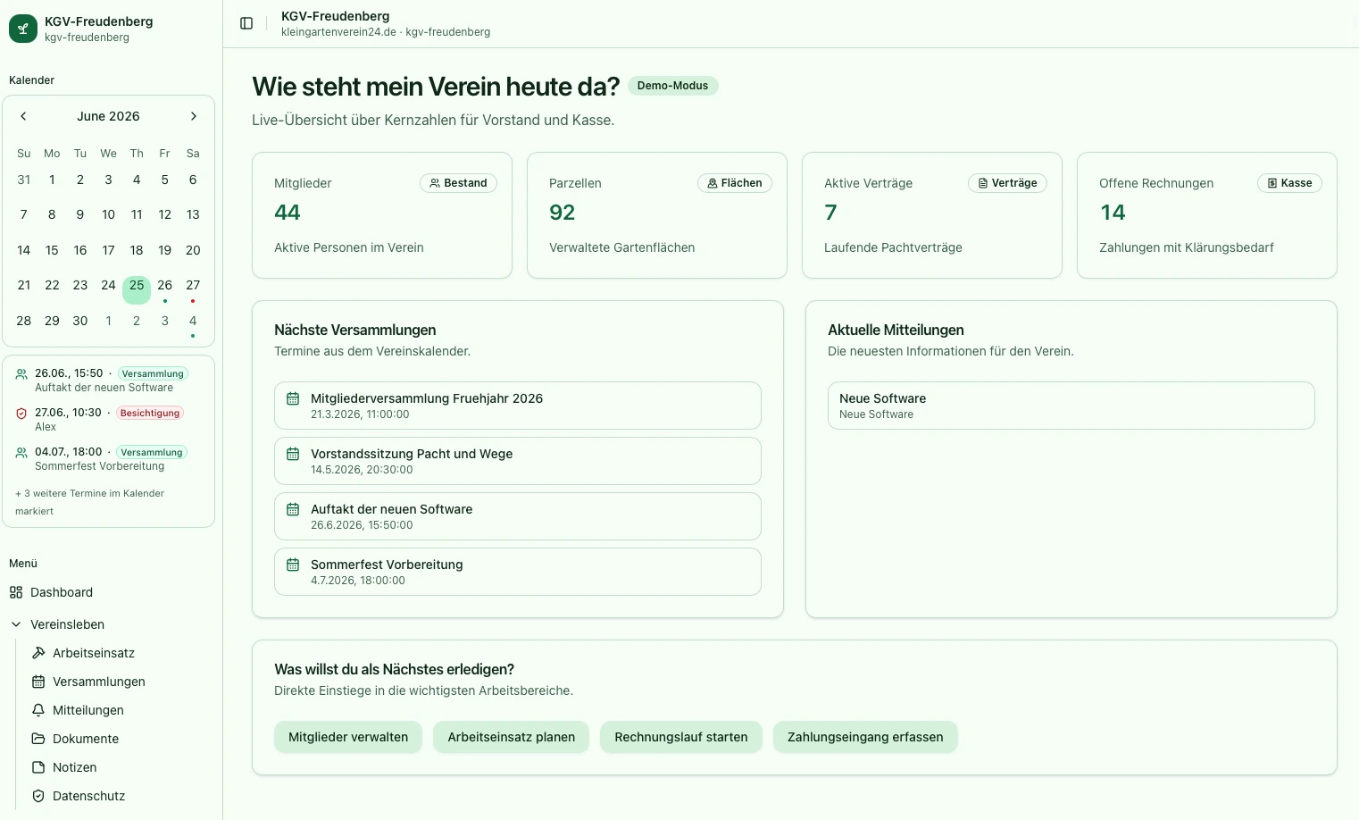 Screenshot der mobilen Mitgliederübersicht in Kleingartenverein24 mit Mitteilungen, Terminen und eigenen Vereinsdaten