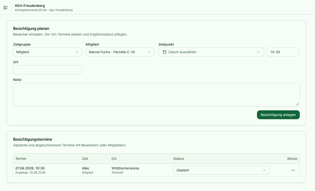 Screenshot der Bewerber- und Besichtigungsverwaltung in Kleingartenverein24 mit Termin, Status und Kontaktdaten