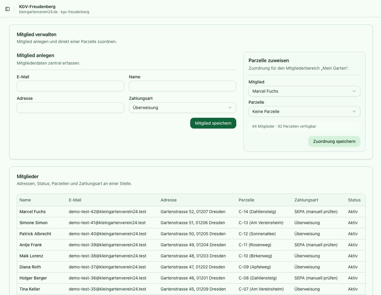 Screenshot der Mitgliederverwaltung in Kleingartenverein24 mit Mitgliedern, Rollen, Kontaktdaten und Vereinsstatus