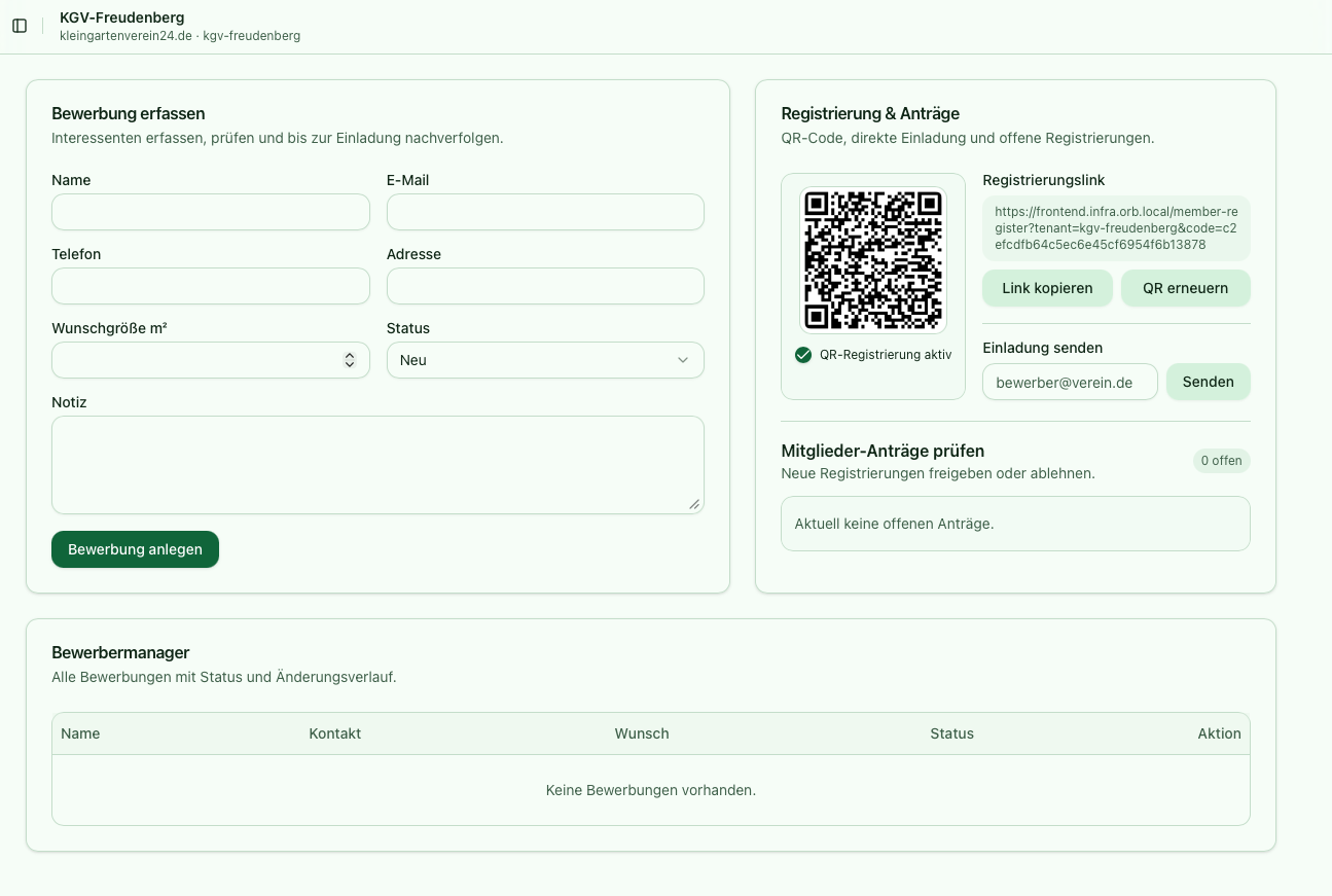 Screenshot der Einladung neuer Mitglieder in Kleingartenverein24 mit Registrierungsstatus und Mitgliederzugang