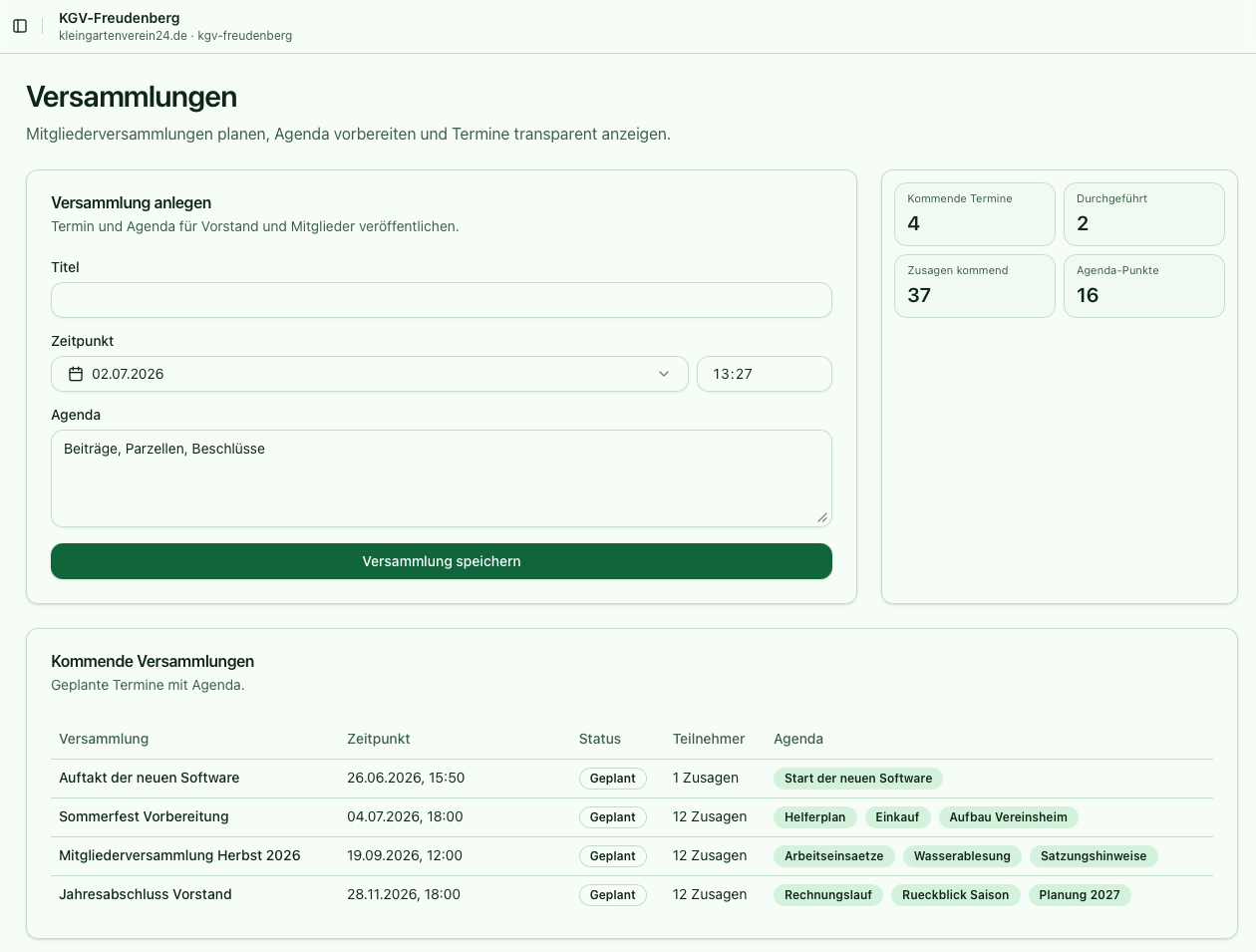Versammlungen in Kleingartenverein24 planen
