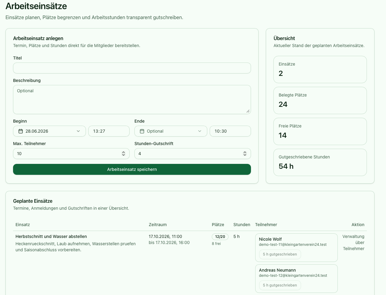 Screenshot der Arbeitseinsätze in Kleingartenverein24 mit Terminplanung, Teilnehmern und Stundenerfassung