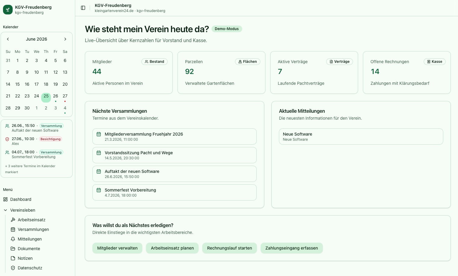 Vereinsdashboard von Kleingartenverein24 mit Überblick für Vorstand und Kasse