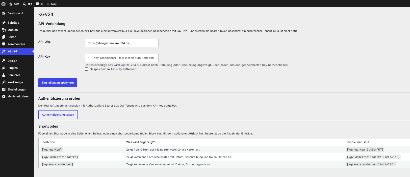 WordPress Admin Ansicht zur Verwaltung des Kleingartenverein24 Plugins