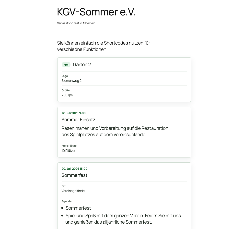 Öffentliche WordPress Ansicht mit Einsätzen, freien Gärten und Versammlungen aus der API