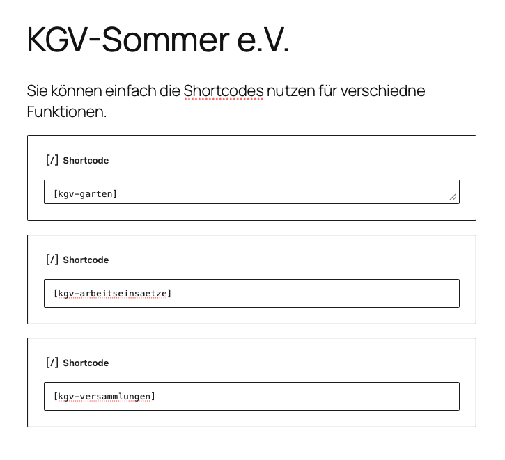 WordPress-Seite mit eingefügten Kleingartenverein24 Shortcodes